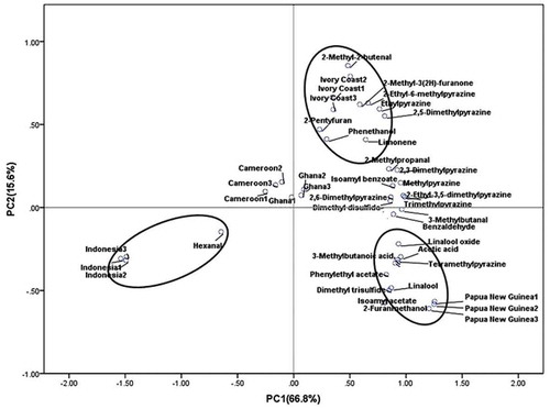 Figure 2. Sensory evaluation of five cocoa liquors (The scores of aroma were 0, 1, 2, 3, 4, and 5, which represent intensities of none, very weak, weak, middle, strong and very strong, respectively).