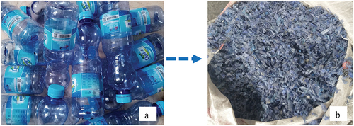 Figure 3. (a) Waste PET as collected and (b) shredded PET.