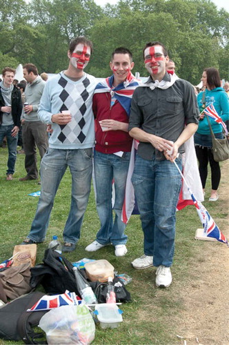 Figure 4. Signs of national identity at the royal wedding in Hyde Park. Note the affinity with football fandom.