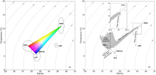 Fig. 2 (a) Illustration of the colour scheme used in the T-S space obtained by projecting Maxwell’s triangle onto the mixing triangle defined by the water masses described in Section 2.a.1, with a vertex defined as the average of the InLC and CBS-CIL and the other two defined by the WSW and the CBSS. Labrador Slope Water (LSW) T-S characteristics are also indicated. Endmembers are determined for the 2011–2014 period and are represented as ellipses centred on the average temperature and salinity of the observations in the corresponding region. The vertical and horizontal axes represent the standard deviations of the temperature and salinity fields, respectively; (b) example of the T-S distribution in spring to illustrate the different mixing lines and axes of variability. Inset in (b) is an enlargement of the tip of the T-S distribution to better visualize the deep mixing line. Density contours are also indicated in both plots.