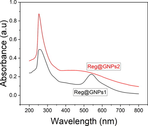 Figure 1. Characterization of GNPs. (A) UV–Vis spectral analysis of Reg@GNPs nanoconjugates dispersions in methanol.
