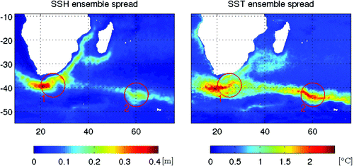 Figure 10. Sea surface height and SST ensemble spread in the ocean DA system.