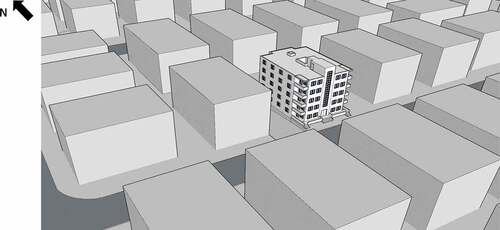 Figure 3. Three-dimensional view of the base case building within the typical urban context in Amman, Jordan.