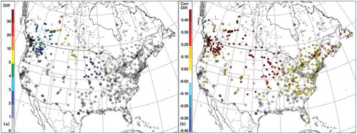 Figure 9. (a) Forecasted wildfire emissions contribution to average surface PM2.5 concentrations (μg m−3) at measurement stations, calculated by subtracting RAQDPS values from FireWork values, and (b) forecast PM2.5 correlation coefficient differences (FireWork – RAQDPS) when compared with hourly surface measurements for period from June 24 to July 15, 2015.