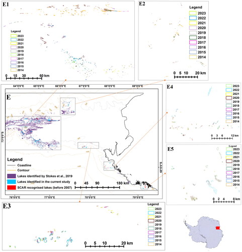 Figure 7. Distribution of melt lakes around the Amery ice shelf, East Antarctic. Note high melt cases in the image (panel E), which shows the melt areas identified by SCAR and Stokes et al. (Citation2019). The melt in the area was detected for most of the years. This region is more prone to melt because of the lesser elevation.