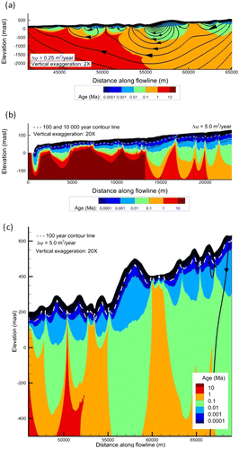 Figure 10. Simulated mean groundwater ages with superimposed streamlines from the calibrated flow model: (a) Zoom 1, (b) Zoom 2, (c) Zoom 4. (Locations shown in Figure 9).