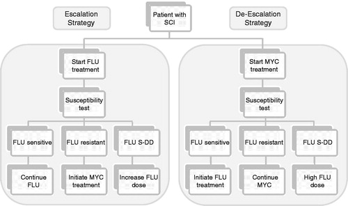 Figure 1. Schematic diagram of escalation and de-escalation strategies in patients with systemic Candida infections. In the escalation strategy all patients initiate treatment with fluconazole (FLU) 400 mg (with 800 mg loading dose). When susceptibility results are available on day 3, patients switch to micafungin (MYC) if Candida is fluconazole-resistant, have the fluconazole dose increased to 800 mg if the Candida is dose-dependent (S-DD), or remain on the same dose of fluconazole if the Candida isolates are sensitive to this anti-fungal. In the de-escalation strategy all patients initiate treatment with micafungin and switch to fluconazole 400 mg if Candida is susceptible or to fluconazole 800 mg if the Candida is dose-dependent. In our model we consider that treatment is initiated as soon as the laboratory tests are taken.