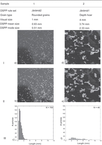 FIGURE 7. Snow grain images from Järämä in northern Sweden. The first column shows a sample of surface snow: (a) raw image; (b) classified image; and (c) resulting particle length distribution. The second column shows a sample identified as depth hoar: (d) raw image; (e) classified image; and (f) resulting particle length distribution. The values at the bottom of each column show in-field visually interpreted and DSPP-derived size values.