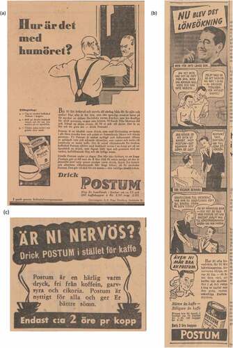 Figure 2. Postum as a cure for neurasthenia. (a) How is your mood? Svenska Dagbladet, 10 April 1931, p. 5. (b) Now there’s a payrise! Svenska Dagbladet, 11 March 1938, p. 5. (c) are you nervous? Svenska Dagbladet, 21 June 1935, p. 17.