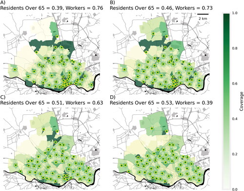 Figure 8 A two-objective fifty-five-sensor network showing the trade-off between residents over sixty-five years and workplace population (using a 500-m solution). Network varies from (A) predominantly prioritizing older person coverage to (D) prioritizing workplace coverage.