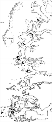 Figure 1.  Positioning of 22 sites at the Norwegian west coast, where the subtidal macroalgal communities were previously mapped in August 1994–1995, and reinvestigated in August 2003–2004 (Map drawing: Elin Holm).