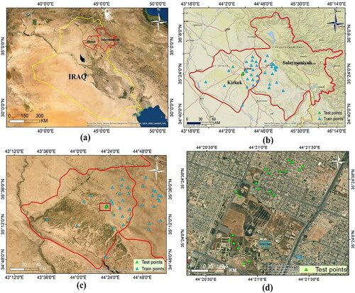 Figure 1. Location of the study area; (a) Iraq, (b) the borders of the two provinces in northern Iraq including train and test points, (c) the experimental area, (d) the experimental and test area including 20 test points (5.6 km2).
