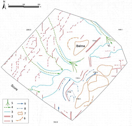 Figure 9. Morphological and Quaternary geological map of the Rodoretto Valley. 1: minor scarp; 2: trench; 3: scarp connected to torrential incision; 4: torrential incision reused by avalanche phenomena; 5: avalanche fan; 6: detachment niche; 7: landslide accumulation limit; 8: moraine axis; 9: outwash incision.