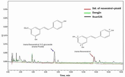Figure 3. Ultra-performance liquid chromatography (UPLC) electropherograms of piceid and trans-resveratrol contents of Dongjin and Iksan526