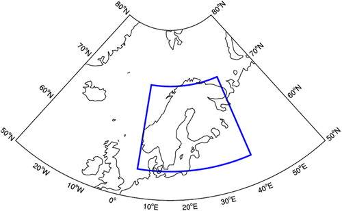 Fig. 1. The studying area. The blue box indicates the region where widespread extreme events were identified.