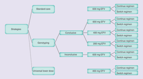 Figure 1. Schema for evaluation of CYP2B6 genotyping before initiation of efavirenz-based initial HIV therapy.All antiretroviral therapy regimens also include emtricitabine (200 mg) and tenofovir disoproxil fumarate (300 mg).Conclusive: Genotype result can be interpreted in order to assign a dosing strategy; EFV: Efavirenz; Inconclusive: Genotype result cannot be interpreted (e.g., genotyping fails on the sample).