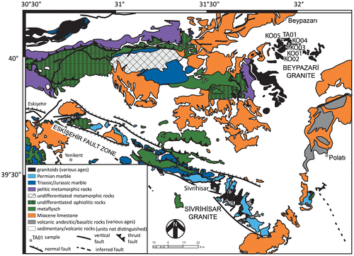 Figure 2. Simplified geologic map of the Beypazarı and Sivrihisar plutons (Özsayin & Dirik, Citation2007; Şenel & Aydal, Citation2000).