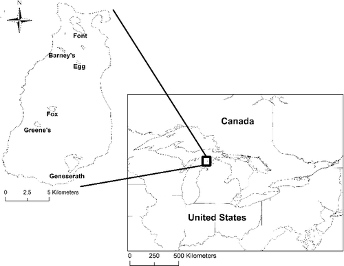 Figure 2. Map of the Laurentian Great Lakes with Beaver Island MI, USA and the sampled inland lakes with the name below the lake.