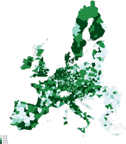 Figure 1. Number of green-tech specializations (EIs) by region, 2014–17.