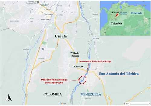 Figure 3. Area of study: trade mobilities between metropolitan Cúcuta (Colombia) and San Antonio de Táchira (Venezuela). Source: Figure composition and legend placement: Yvonne Riaño. Map data: Google ©2021, https://www.google.com/maps/search/cucuta+san+antonio/@7.8378349,-72.4708324,14.42z.