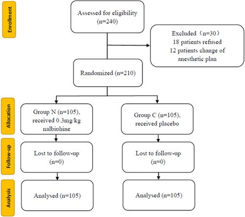 Figure 1 CONSORT flow of clinical procedures for the study. Group N pretreated with 0.3 mg/kg nalbuphine at 150 s before induction with sufentanil; Group C received the same volume of normal saline as the placebo.