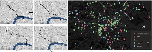 Figure 6. Mapped depictions of emotion data used to create quieter, happier, and more beautiful pedestrian routes (Quercia et al., Citation2014; a) and reveal spatiotemporal patterns in citizens’ perceptions of cities (Resch et al., Citation2016; b).