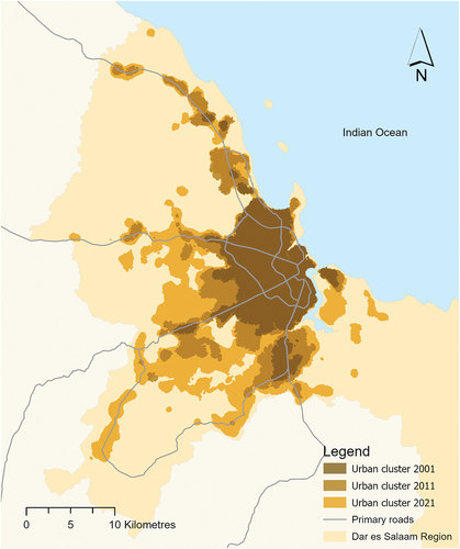 Figure 2. The expansion of Dar es Salaam between 2001 and 2021, largely influenced by the primary roads. The urban clusters here contain (sub)urban areas together with urbanized open spaces, as defined by Angel et al. (Citation2016).