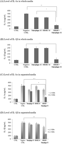 Figure 1. Level of IL-1α (A, C) and IL-1β (B, D) in the conditioned media (CM)-treated human corneal epithelial (HCE) cell culture supernatant. IL-1α and IL-1β in HCE cell culture supernatant grown for 24 h with lipopolysaccharide (LPS) in CM from cultures of macrophages, human bone marrow mesenchymal stem cells (HBMSCs), or HBMSCs + macrophages were measured by an enzyme linked immunosorbent assay (ELISA). The CM used were whole (A, B) or separated into greater than or less than 3 kDa (C, D). Error bars represent means ± S.E.M.; *p < 0.05; **p < 0.01.