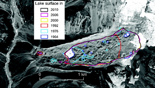 Figure 7. Growth of surface area of the lake from 1964 to 2010. The lake expanded rapidly to 2000 but subsequently became stagnant. The background image is a Corona KH-4A taken in 1964.