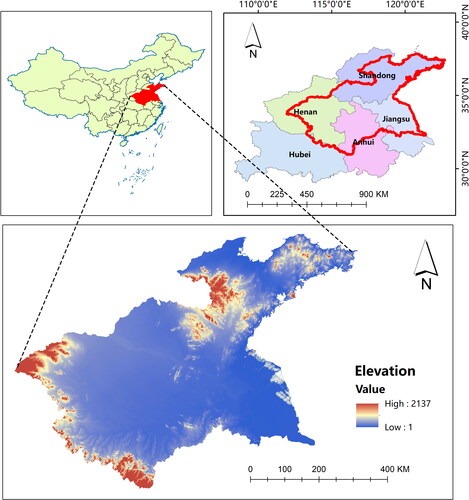 Figure 1. Panorama of the Huaihe region, where elevations are in meters. China map vector boundary from the Ministry of Natural Resources: GS(2020)4619, no modification from the base map boundary.