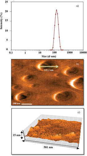 Figure 3. Particle size distribution of the optimized nanosuspension loaded with acetogenins (OβCD-ACGs-NSps)(a), particle morphology by atomic force microscopy of OβCD-ACGs-NSps (b), and 3D micrograph of OβCD-ACGs-NSps (c).