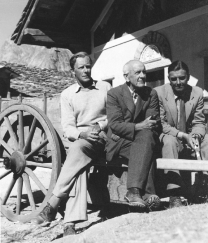 Figure 7. Graham Brown, aged 70, resting in the hills of Entrèves, Courmayeur, Italy in 1952. He is shown sitting between two of his hiking friends, Basil Goodfellow on the left and Peter Lloyd on the right. Used with permission of the Trustees of the National Library of Scotland.