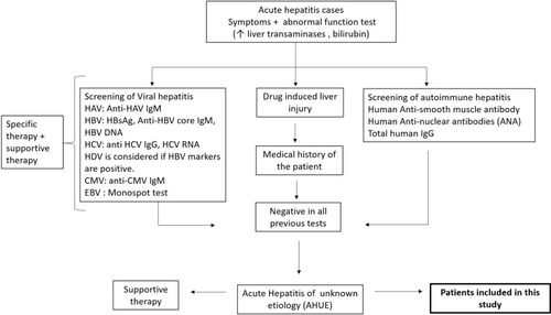 Figure 1 Schematic flow of the study design. Acute hepatitis symptomatic patients admitted to Assiut University hospitals were assessed for LFTs including liver transaminases and bilirubin. Patients with abnormal LFTs were screened for routine viral hepatitis markers (HAV, HBV, HCV, CMV, and EBV), autoimmune hepatitis markers. Medical history for the patients excluded the possibility of DILI or alcohol-induced liver injury. Samples tested negative to the previously mentioned markers were screened for HEV markers. Patients with liver disease of known etiology (for example HBV, HCV, autoimmune hepatitis, and DILI were not included in this study.