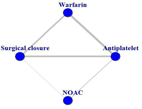 Figure 2 Network of 4 treatment strategies (Efficacy). Each node represents a certain intervention, the size of the node represents the size of the sample, and the thickness of the line represents the number of studies.