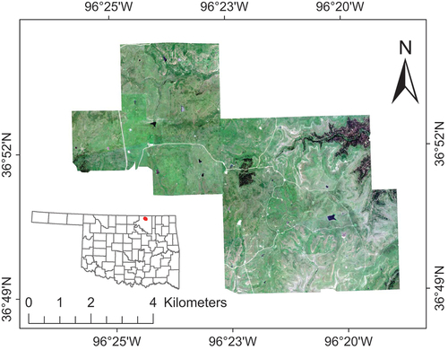 Figure 1. The true colour composite image of the study area within the Joseph H. Williams Tallgrass Prairie Preserve, Oklahoma, U.S. The true colour composite image is a PlanetScope dataset obtained for August 14, 2020.