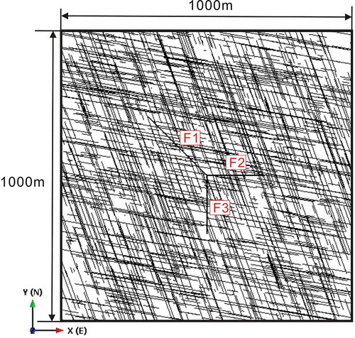 Figure 1. Plan view sketch of the fracture pattern in the discrete fracture network model. F1, F2 and F3 denote three faults with relatively greater lengths and permeabilities