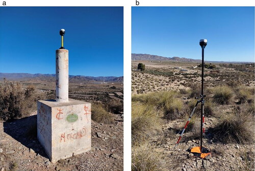 Figure 4. (a) Geodetic vertex of the REGENTE Network, named Bardinales; (b) Example of static target measurement for this work.