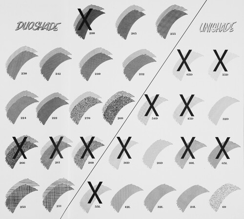 Figure 3. Several Grafix DuoShade and UniShade patterns available in 1996. X = discontinued patterns. Detail from Grafix Citation1996.