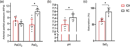Figure 2. Comparison of blood gas analysis of pregnant rats in ICH group and NC group (n = 8 for ICH and n = 8 for NC). (a) Carbon dioxide partial pressure (PaCO2) and oxygen partial pressure (PaO2); (b) Hydrogen potential (pH); (c) Oxyhemoglobin saturation (SaO2). Data are shown as mean and standard deviation. P-values were calculated by unpaired Student’s t-test. *p < 0.05. ICH: Intrauterine chronic hypoxia, NC: Normal control.