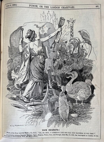 Figure 1. Edward Linley Sambourne, “Vain Regrets!” Punch 6 June 1900, 401. The image shows Europe, as a goddess, clutching the convention in front of a gathering of animals. L-R: lion, elephant, eland, rhinoceros, zebra, giraffe, hippopotamus, vulture, ostrich. In the foreground are a great auk, a dodo and a large bird’s egg. The caption reads: “Shade of the Great Auk (to Ghost of the Dodo). ‘Ay, my dear, if something like this had only happened in our time!’” In fact, the African animals depicted were granted different levels of protection under the Convention, with elands and giraffes allotted the highest protection on account of their rarity, and vultures on account of their usefulness. By contrast, the Convention sought to reduce lion populations “within sufficient limits.”Footnote71