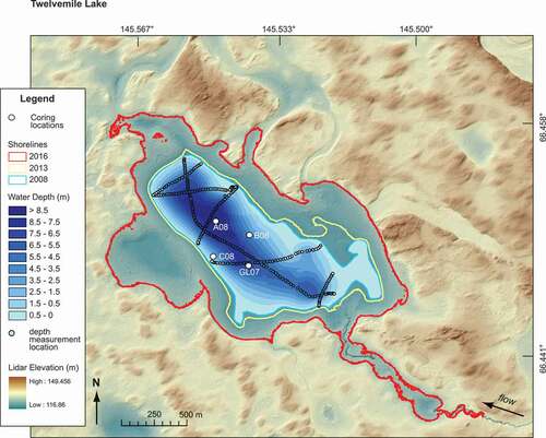 Figure 2. Twelvemile Lake is shown on a bare-earth digital terrain model derived from LIDAR (2 m) with locations for depth measurements (blue circle symbols) and modeled bathymetry (blue shading), core locations (white circle symbols), and shorelines from 2008 (light blue), 2013 (yellow), and 2016 (red)