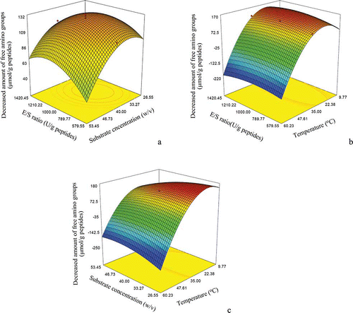 Figure 2 Response surface graphs for the decreased amount of free amino groups of the plastein-reaction-stressed hydrolysate as a function of: (a) E/S ratio and substrate concentration (reaction temperature at its central level); (b) substrate concentration and reaction temperature (E/S ratio at its central level); and (c) E/S ratio and reaction temperature (substrate concentration at its central level). (Color figure available online.)