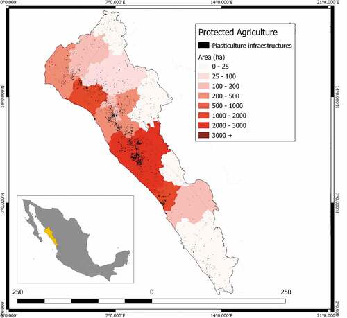 Figure 3. Protected Agriculture in the State of Sinaloa, according to this study. Location of all plasticulture infrastructures on the national territory, and number of hectares per municipality