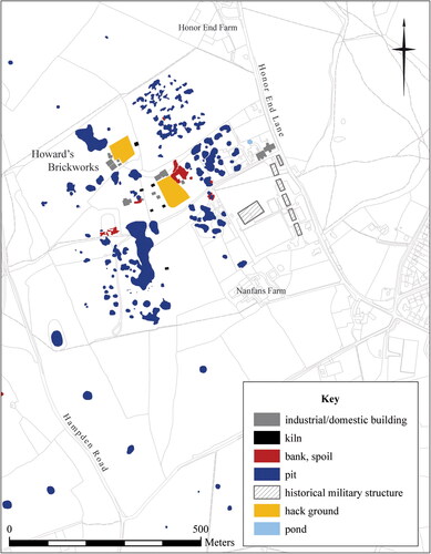 FIG. 9 Transcription from aerial photographs of archaeological features of all dates in the environs of Howard’s Brickworks, Honor End Lane, Buckinghamshire (includes data derived from EDINA Digimap, Ordnance Survey data © Crown copyright and database rights 2021).