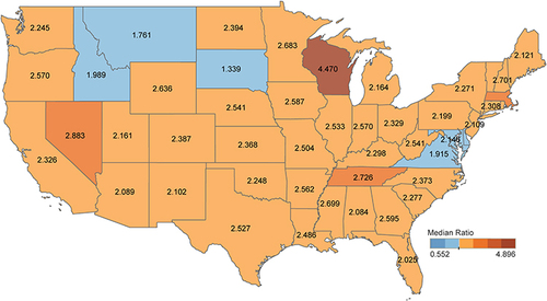 Figure 1 Map showing median charge-to-payment ratio differences by state. The darker the Orange/red the state is colored, the greater the median charge-to-payment ratio.