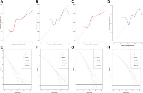 Figure 4 The 3-year and 5-year calibration curves for the training set (A and C, red) and validation set (B and D, blue). The X-axes represent the mean predicted mortality probability according to the prediction model. The Y-axes represent the observed cumulative incidence of mortality. The grey diagonal line indicates equality between the predicted and observed values. Decision curve analysis was used to compare the clinical net benefit of our nomogram with that of the Okabayashi staging system, the Liver Cancer Study Group of Japan (LCSGJ) staging system, and the 8th edition AJCC staging system in terms of the 3-year and 5-year survival of elderly iCCA patients in the training set (E and G) and validation set (F and H).