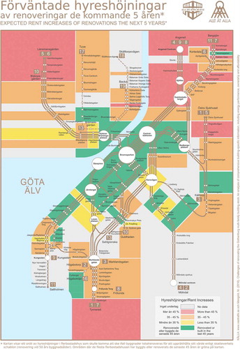 Figure 2. The ‘tram map’ shows that the most vulnerable housing areas, which are situated near the end stations of the trams, are the areas that face more than a 45% increase in rents (marked with colour red) if the property owners continue to renovate as before (Everyone should be able to stay, 2018)