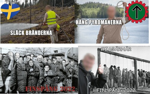Figure 4. Series of Finspång memes. Top: Election campaign meme juxtaposing the fast-right party Alternative for Sweden with NRM. Bottom left: Digitally manipulated photo of Holocaust survivors. Bottom right: Picture of executed Soviet Union partisans 349 × 222 mm (72 × 72 DPI).
