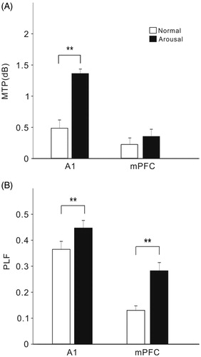 Figure 7. Bar graph showing the mean and SE of MTP and PLF in different brain areas and under different conditions. Note significant enhancement of MTP and PLF in A1, and significant enhancement of PLF in mPFC. **Indicates p < .01, paired t-test.