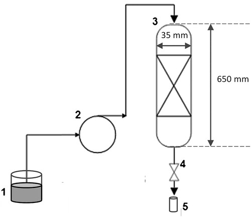 Figure 1. Experimental setup: (1) methylene blue solution; (2) peristaltic pump; (3) glass column; (4) flow regulation valve (manual); and (5) sample collector.
